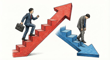 成功と失敗を象徴するビジネスマンの階段と矢印の手書き風イラスト｜成長 下降 キャリア 対比 男性