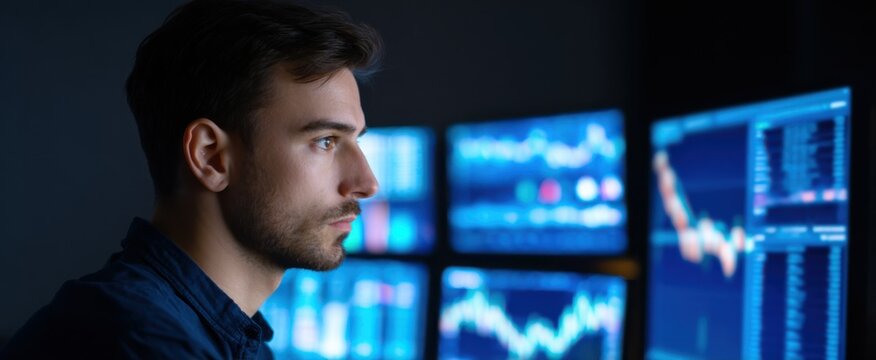 financial analyst examining intricate graphs on several monitors - Powered by Adobe