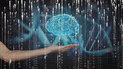 Animation of data processing and human brain on hand over dark background - Powered by Adobe