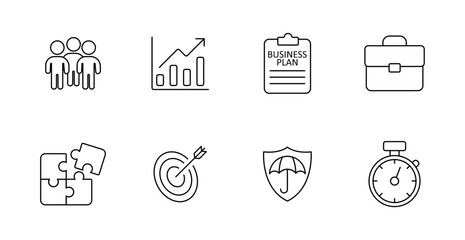 Business management set icon. Team, chart, briefcase, plan, puzzle, goal, umbrella, stopwatch, protection, success, strategy, growth, company