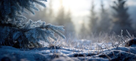 The Spruce Branch Draped in Frost Over Snowy Forest Morning Light
