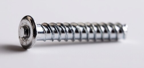 The Screw Lying on White Surface Macro Detail Shiny Metal Closeup for Construction
