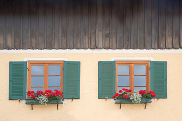 two lattice windows with green shutters, flower box and timbering above © SusaZoom