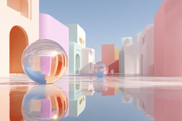 Pastellfarbene Architekturstra&szlig;e mit schwebenden Glaskugeln und klarem Textfreiraum