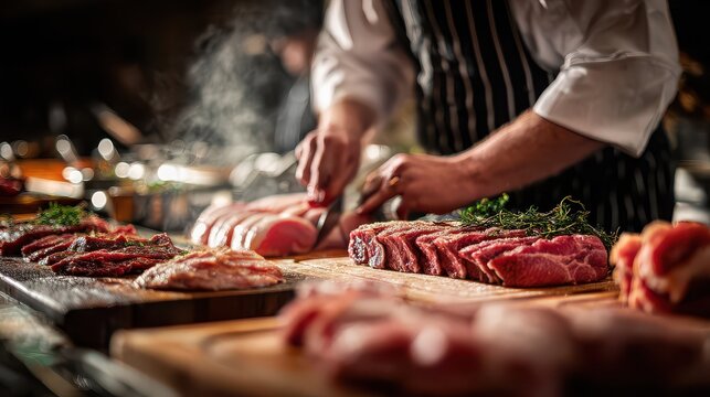 Chef prepares cuts of meat in kitchen, showcasing different types and techniques during a busy dinner service in evening - Powered by Adobe