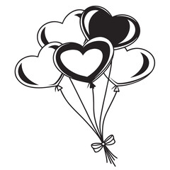 A charming black and white illustration depicting a tightly held bunch of five heart shaped balloons tied together with a delicate festive bow, perfect for romance.