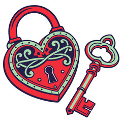 Vintage ornate heart shaped padlock and antique skeleton key illustration symbolizing commitment love and secret relationship security or unlocking desires