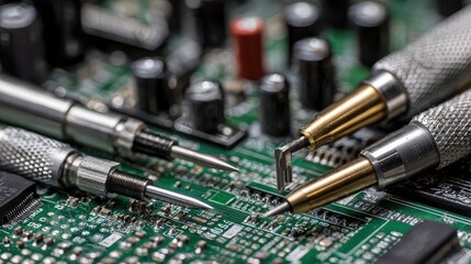 Close-up view of tools on a circuit board during an electronic repair process in a workshop at midday while focusing on details of the components