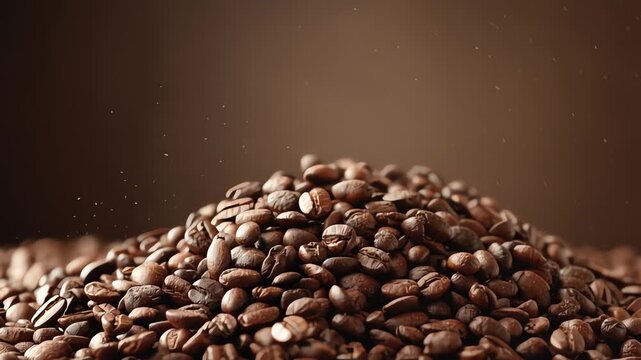 Close-up of a pile of roasted coffee beans on a brown background with warm tones.