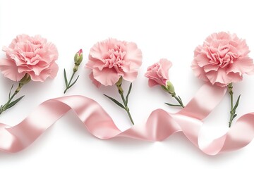Fototapeta premium Beautiful arrangement of delicate flowers intertwined with soft satin ribbon, creating elegant decorative piece ideal for celebrations, gifts, or special occasions showcasing nature's beauty