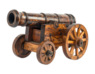 Antique wooden cannon model on a small wheeled carriage