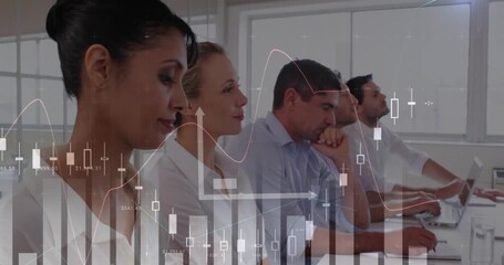 Statistical data processing over group of diverse businesspeople clapping in meeting room at office - Powered by Adobe