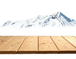 Snow-capped mountain against a blank sky with a wooden surface