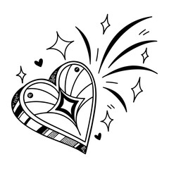 Striking stylized black and white heart illustration sparkling with abstract geometric stars and radiating celebratory energy lines isolated on white