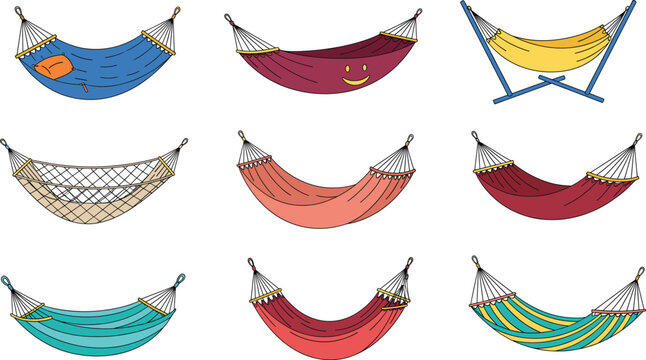 Hammock vector illustration set with colorful hanging hammocks, outdoor relaxation furniture, and leisure camping elements isolated