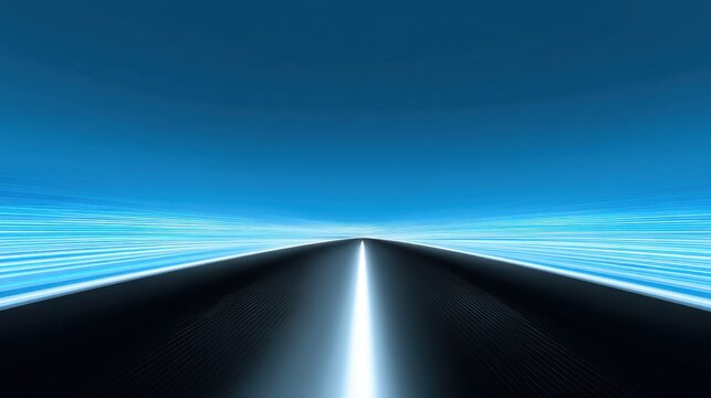 A road extends straight ahead under a blue sky. Light streaks create a sense of speed. The horizon blends with bright colors showing a vast open space.