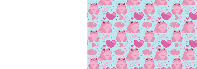 Cute Pink Frog Seamless Pattern with Hearts &ndash; Valentine Cartoon Background