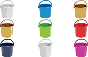 Colorful plastic bucket vector illustration set with handles in multiple colors isolated on white background © MdShakib