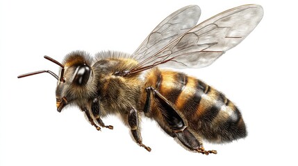 A bee is in flight showing its striped body and transparent wings. The background is plain highlighting its features. The image captures the bee's movement and presence.