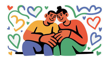 Naklejka premium Illustrated Embrace of Love: A heartfelt illustration portrays a couple sharing a tender moment, surrounded by expressions of love, connection, and affection. 