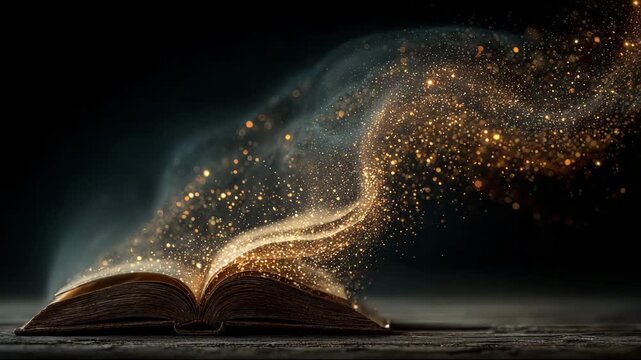 Magic words come to life from an open book with sparkles in dark surroundings