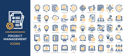 Project Management icons collection set covering planning, workflow, teamwork, productivity tools and more. Perfect for business strategy, scheduling, reports, organization systems and more.