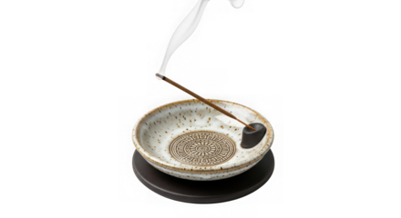 Fragrant white smoke rises from a decorative ceramic incense holder with a geometric pattern  isolated on transparent background
