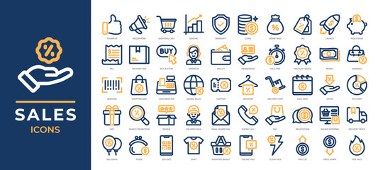 Sales icons set collection featuring shopping, discounts, money, promotion elements and more. Perfect for e-commerce apps, marketing designs, online store dashboards and more.