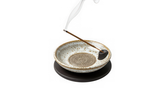 Fragrant white smoke rises from a decorative ceramic incense holder with a geometric pattern  isolated on transparent background
 - Powered by Adobe