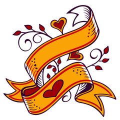 Vintage tattoo style ribbon banner illustration decorated with stylized hearts and swirling leafy floral elements perfect for love design