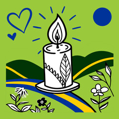 Stylized illustration of a single glowing white candle surrounded by bright green hills blue heart and floral elements symbolizing hope and peace