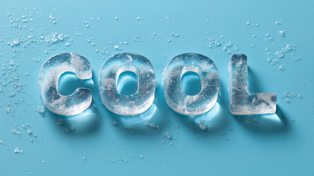 top view ice typography cool, frozen crystal lettering with snow, minimalist 3d ice text on blue background