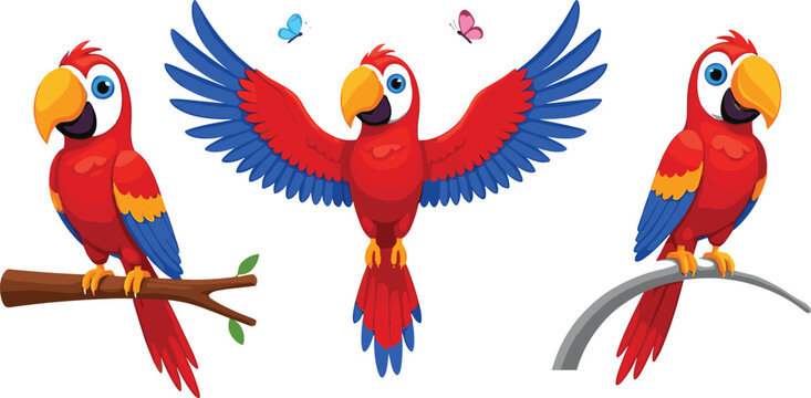 Colorful cartoon parrot characters perched and flying with vibrant feathers, playful expressions, and tropical bird illustration elements