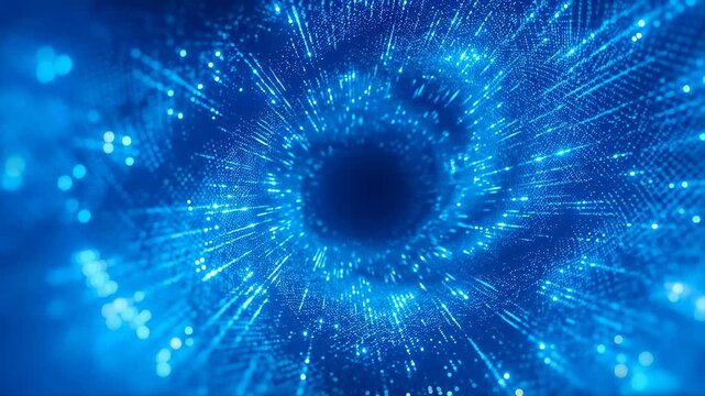 Abstract digital vortex with glowing blue particles creating a sense of depth and movement. Represents technology, innovation, and the digital age