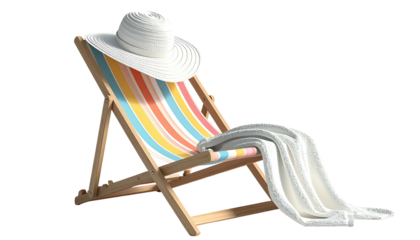 Striped deck chair with a white hat and towel, black background