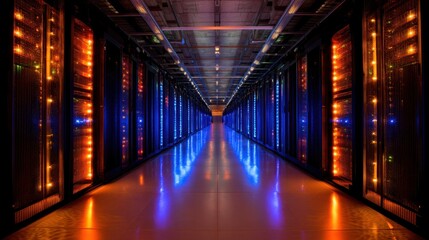 Fototapeta premium Bright lights from servers fill the hallway of a data center at night. The rows of machines create a vibrant backdrop in a tech focused environment.