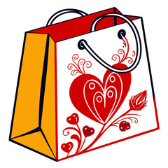 Festive red and white paper gift bag featuring elaborate stylized heart motif and decorative swirls perfect for romantic occasions or celebrations
