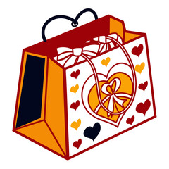 Adorable stylized illustration of a festive gift bag decorated with multiple hearts and bows perfect for valentines or special occasions