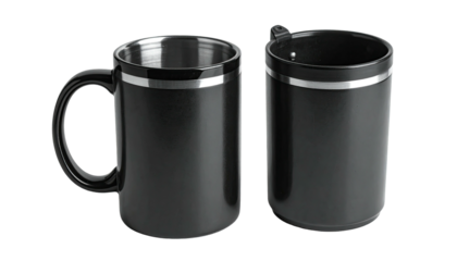 Two black insulated travel mugs, one with a handle, on black background