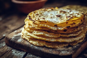 Warm Stack of Homemade Corn Tortillas on a Rustic Wooden Board