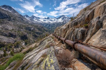Water pipeline winding along a rugged mountain slope under a clear alpine sky