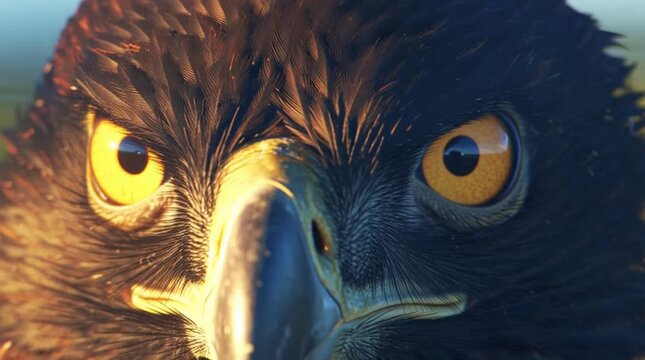 A close-up portrait of an eagle's face with sharp yellow eyes and a hooked beak suitable for various design projects against a blurred background with warm tones.