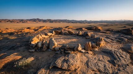 Weathered altar stones arranged in a circle in a remote arid landscape