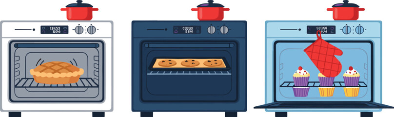 Fototapeta premium Modern kitchen oven set with pie, cookies, cupcakes, cookware, and baking accessories in detailed cooking illustration style