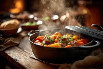 Welcoming beef stew with root vegetables and herbs on a wooden table, cozy dinner mood