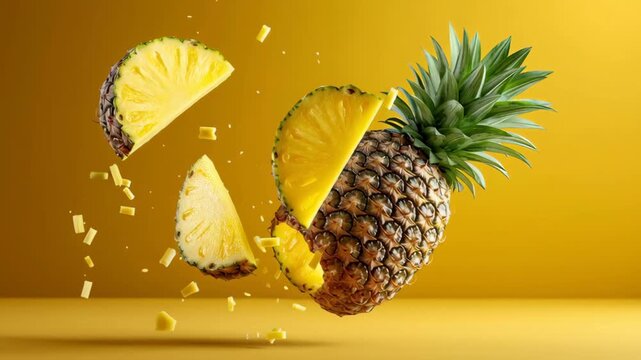Pineapple in motion with flying fruit slices and chunks, showcasing dynamic action of fruit being cut and separated against a vibrant yellow background, emphasizing freshness and vitality