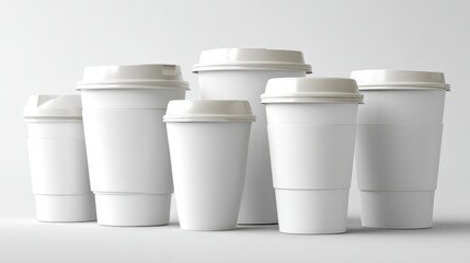 White paper cup collection with lids on clean backdrop &acirc;&euro;&ldquo; product photography mockup for branding and packaging