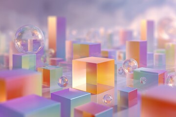 Abstrakte 3D-W&uuml;rfel und Glaskugeln in pastellenen Farben mit Tiefenunsch&auml;rfe