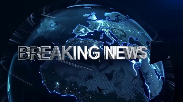 Dynamic globe with "Breaking News" overlay, showcasing global connectivity and real-time information dissemination. Essential for news broadcasting and media updates