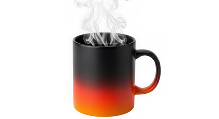 A black and orange gradient color changing heat sensitive mug with hot steam rising from it  isolated on transparent background
